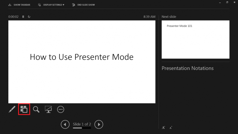 how to switch to presentation mode in powerpoint